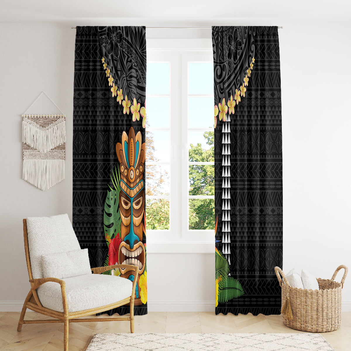 Hawaii Plumeria Lei Window Curtain Tiki and Kakau Pattern Black Color LT03 - Polynesian Pride