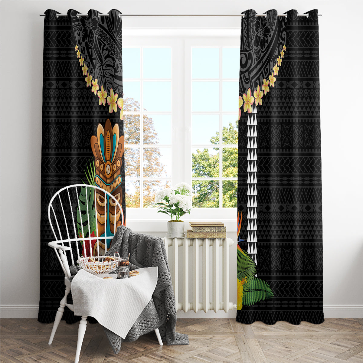 Hawaii Plumeria Lei Window Curtain Tiki and Kakau Pattern Black Color LT03 - Polynesian Pride