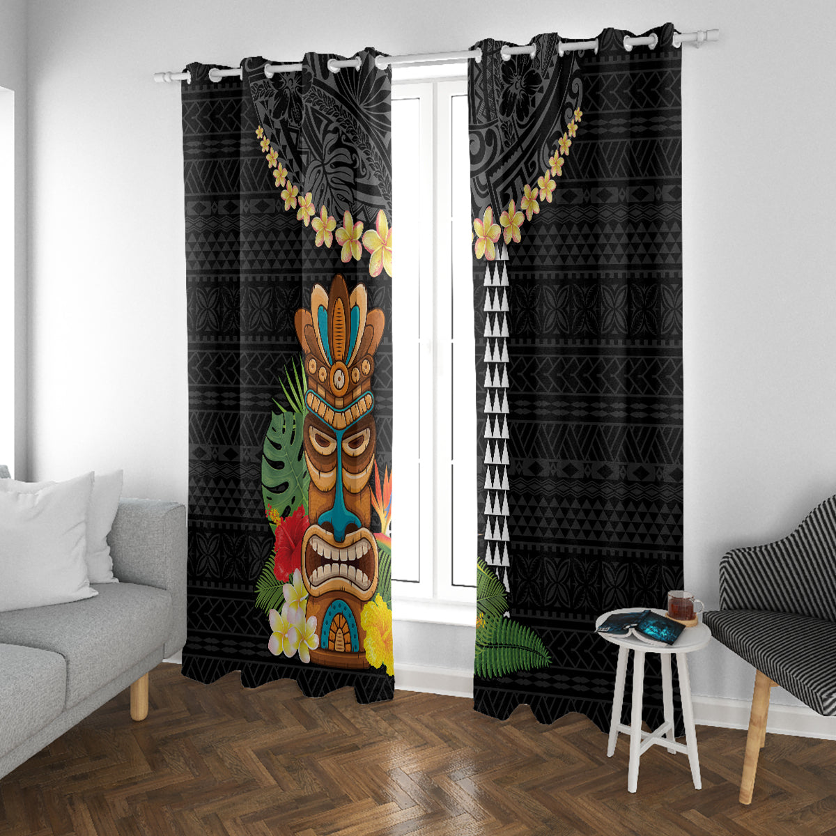 Hawaii Plumeria Lei Window Curtain Tiki and Kakau Pattern Black Color LT03 With Grommets Black - Polynesian Pride