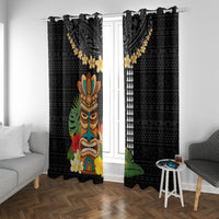 Hawaii Plumeria Lei Window Curtain Tiki and Kakau Pattern Black Color LT03 With Grommets Black - Polynesian Pride