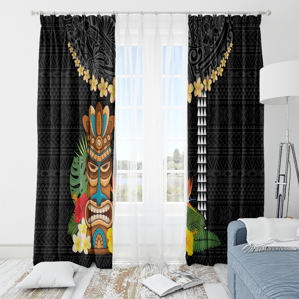 Hawaii Plumeria Lei Window Curtain Tiki and Kakau Pattern Black Color LT03 - Polynesian Pride
