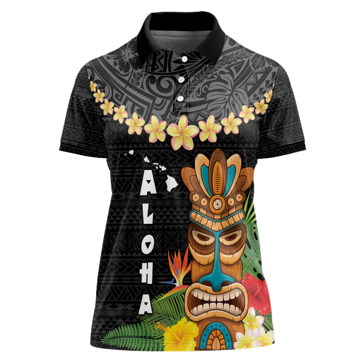 Hawaii Plumeria Lei Women Polo Shirt Tiki and Kakau Pattern Black Color