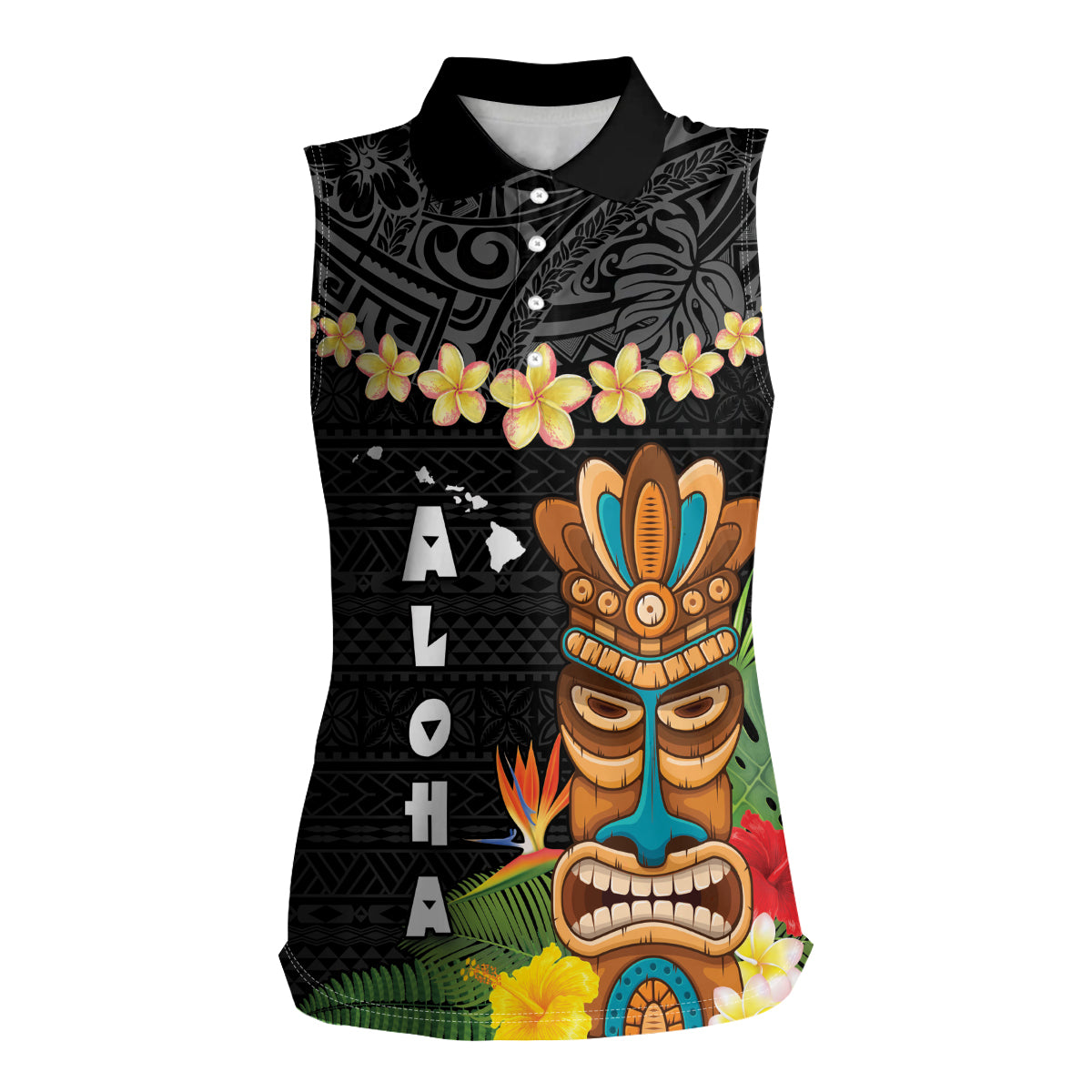 Hawaii Plumeria Lei Women Sleeveless Polo Shirt Tiki and Kakau Pattern Black Color