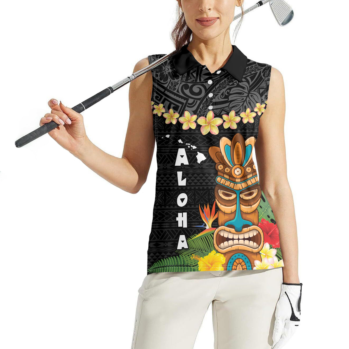 Hawaii Plumeria Lei Women Sleeveless Polo Shirt Tiki and Kakau Pattern Black Color