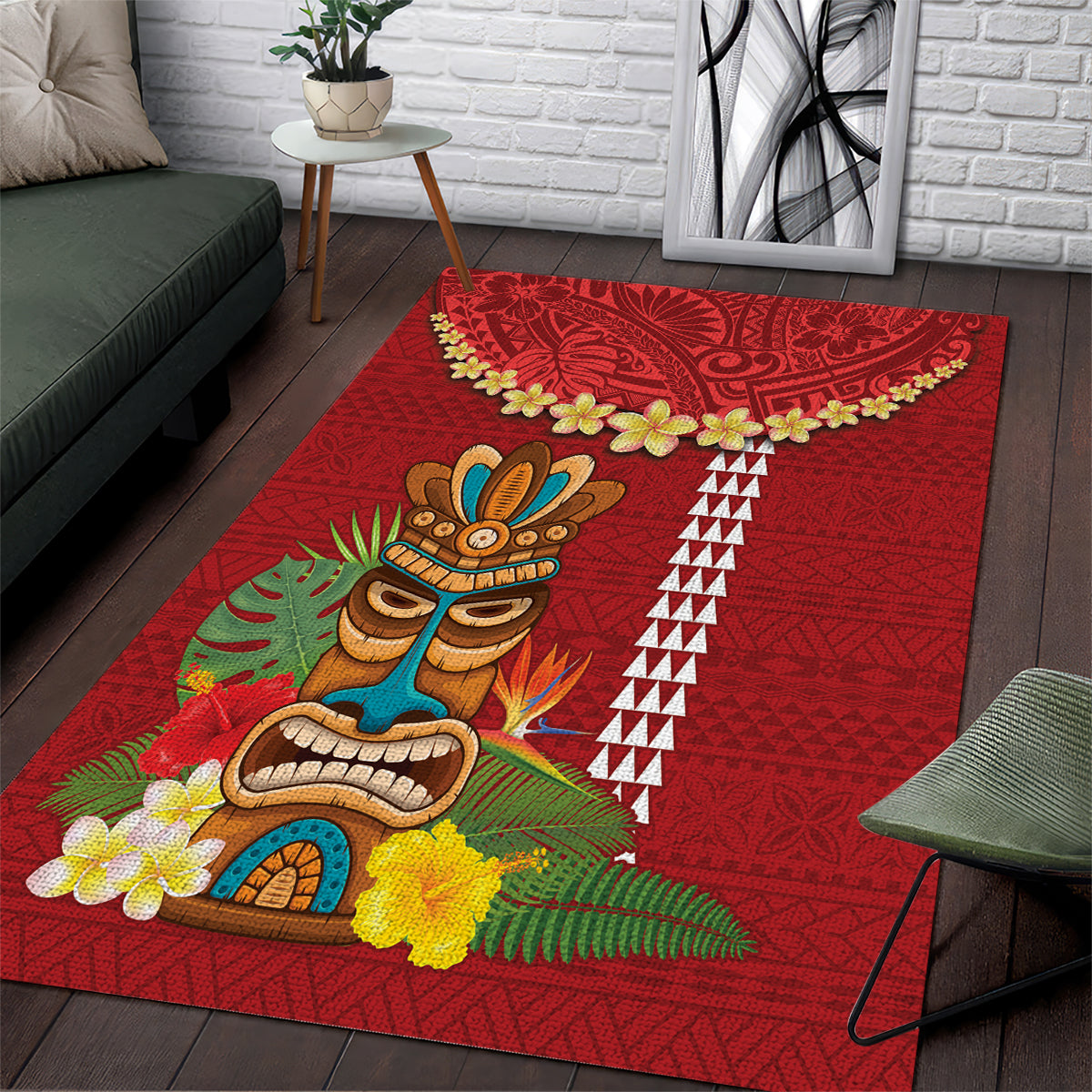 Hawaii Plumeria Lei Area Rug Tiki and Kakau Pattern Red Color