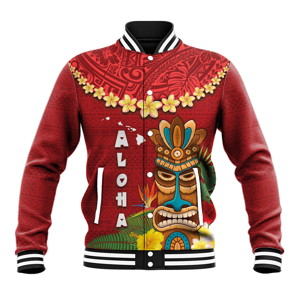 Hawaii Plumeria Lei Baseball Jacket Tiki and Kakau Pattern Red Color LT03 Unisex Red - Polynesian Pride