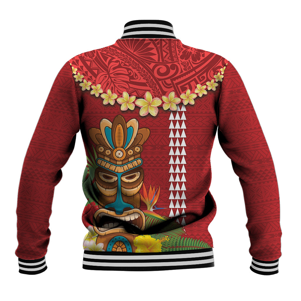 Hawaii Plumeria Lei Baseball Jacket Tiki and Kakau Pattern Red Color LT03 - Polynesian Pride