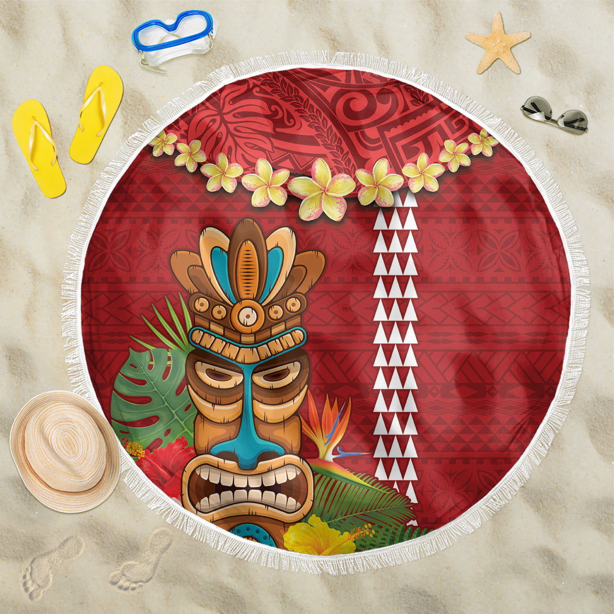 Hawaii Plumeria Lei Beach Blanket Tiki and Kakau Pattern Red Color LT03 One Size 150cm Red - Polynesian Pride