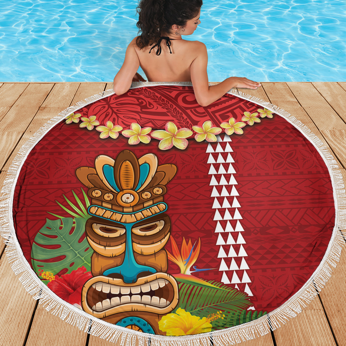 Hawaii Plumeria Lei Beach Blanket Tiki and Kakau Pattern Red Color LT03 - Polynesian Pride