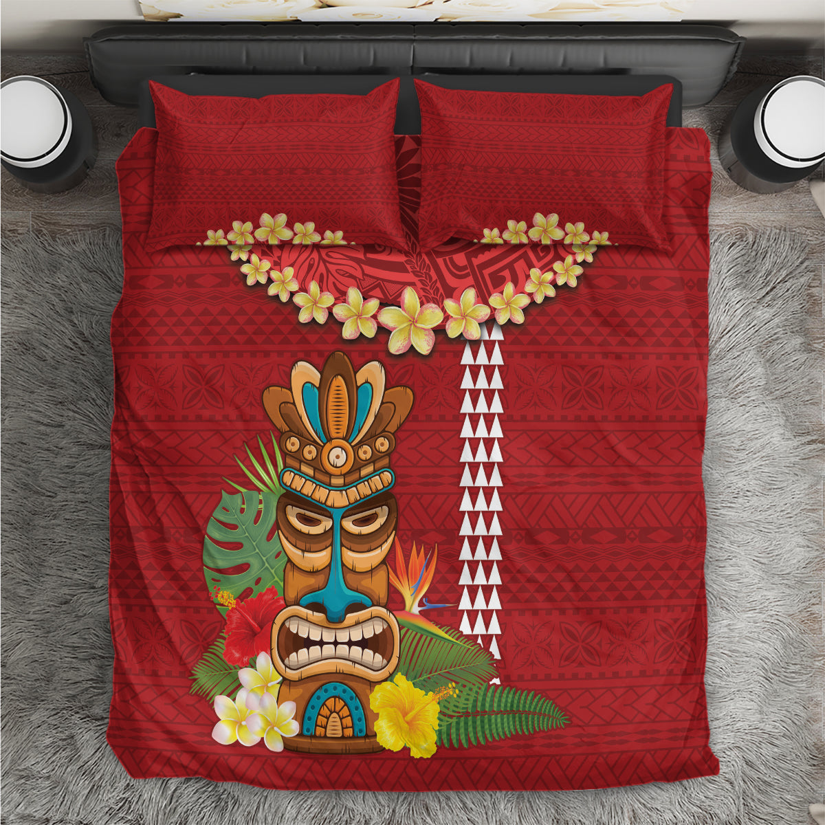 Hawaii Plumeria Lei Bedding Set Tiki and Kakau Pattern Red Color