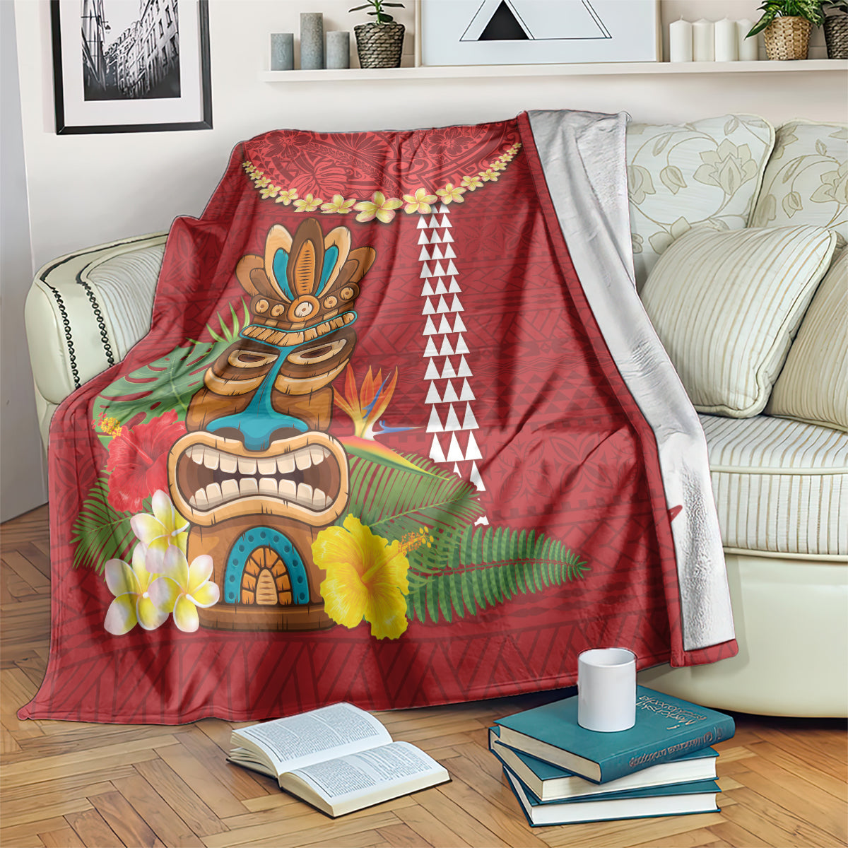 Hawaii Plumeria Lei Blanket Tiki and Kakau Pattern Red Color LT03 Red - Polynesian Pride