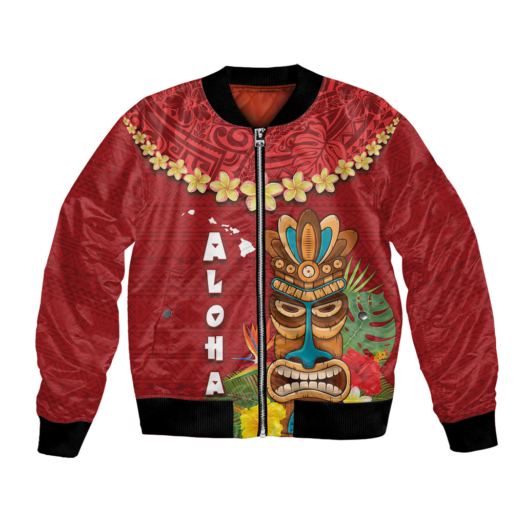 Hawaii Plumeria Lei Bomber Jacket Tiki and Kakau Pattern Red Color LT03 Unisex Red - Polynesian Pride