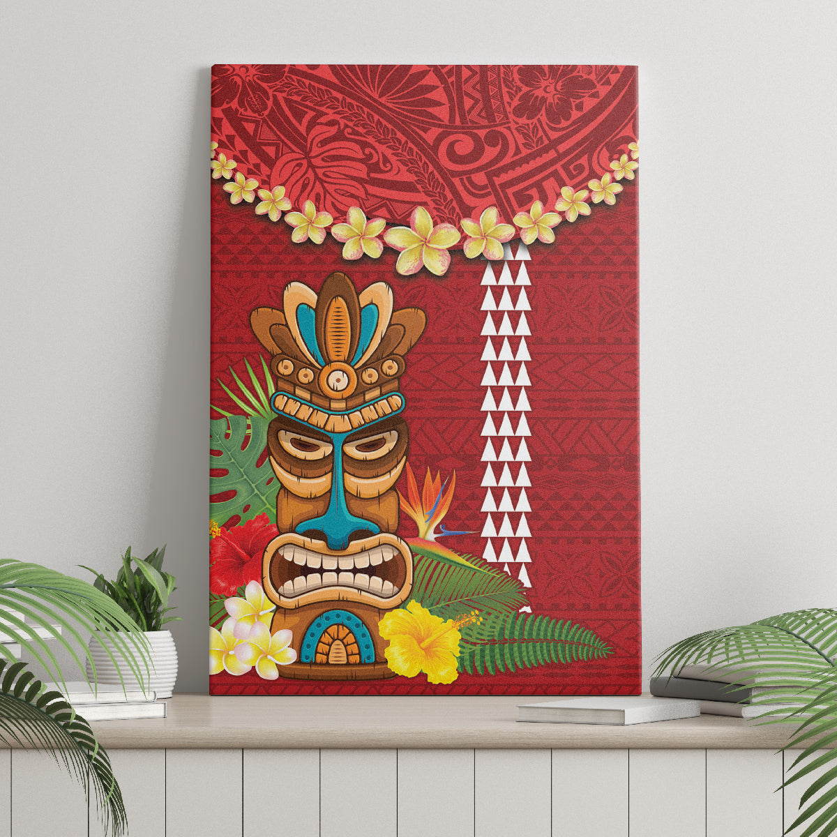 Hawaii Plumeria Lei Canvas Wall Art Tiki and Kakau Pattern Red Color LT03 - Polynesian Pride
