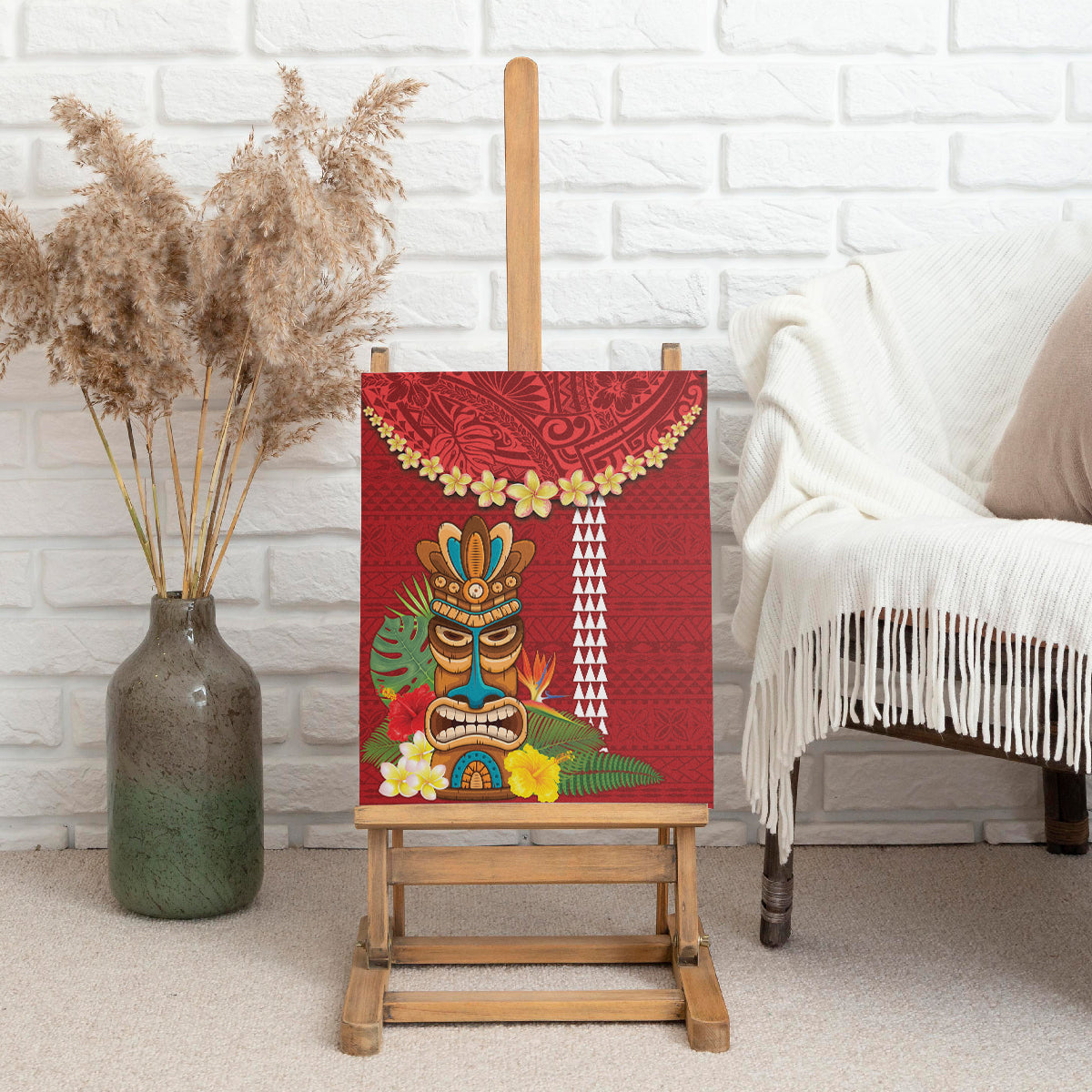 Hawaii Plumeria Lei Canvas Wall Art Tiki and Kakau Pattern Red Color LT03 - Polynesian Pride