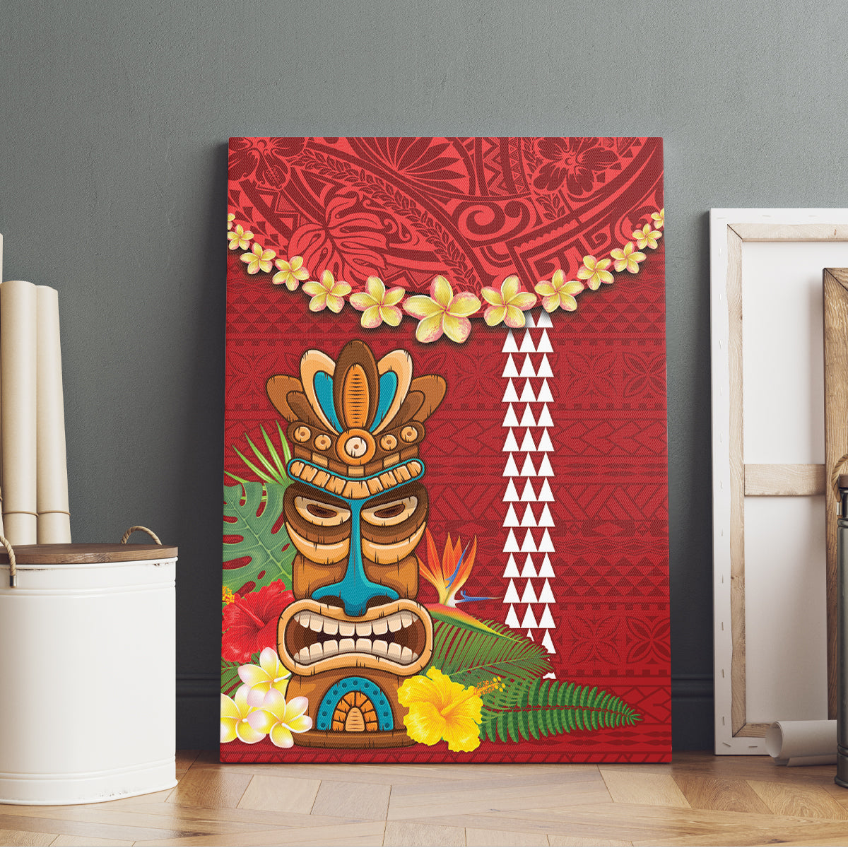 Hawaii Plumeria Lei Canvas Wall Art Tiki and Kakau Pattern Red Color LT03 - Polynesian Pride