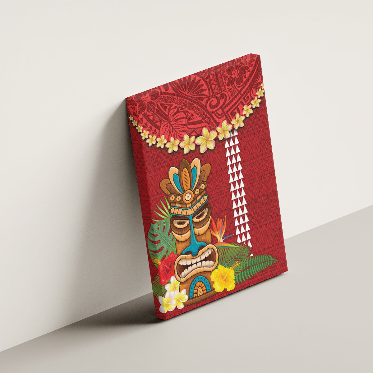 Hawaii Plumeria Lei Canvas Wall Art Tiki and Kakau Pattern Red Color LT03 - Polynesian Pride