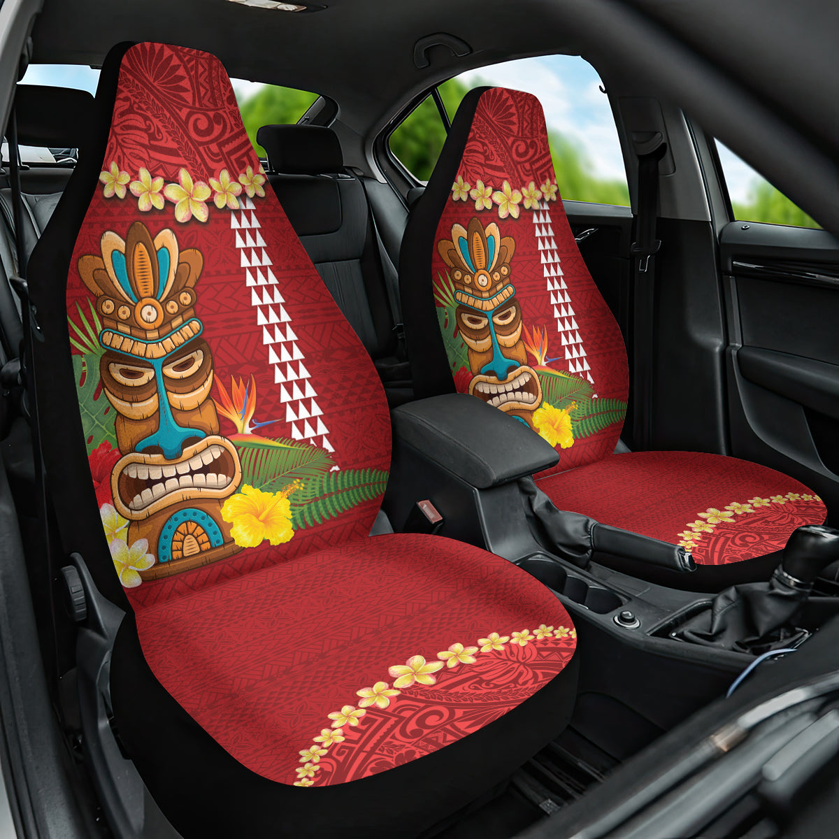 Hawaii Plumeria Lei Car Seat Cover Tiki and Kakau Pattern Red Color