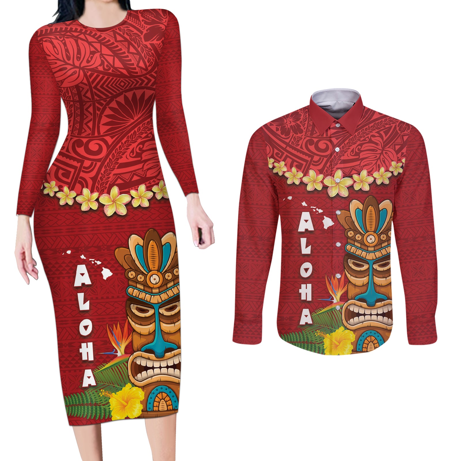 Hawaii Plumeria Lei Couples Matching Long Sleeve Bodycon Dress and Long Sleeve Button Shirt Tiki and Kakau Pattern Red Color LT03 Red - Polynesian Pride