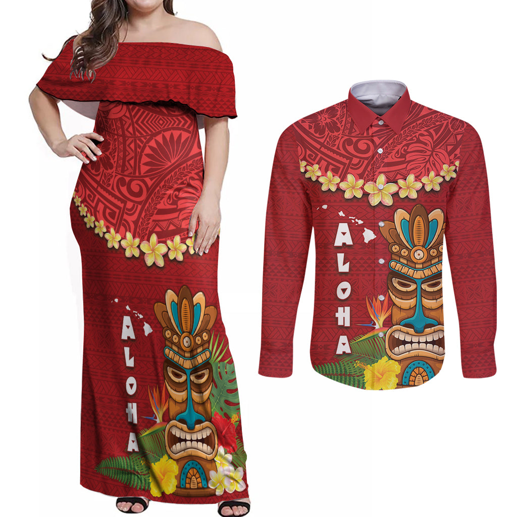 Hawaii Plumeria Lei Couples Matching Off Shoulder Maxi Dress and Long Sleeve Button Shirt Tiki and Kakau Pattern Red Color LT03 Red - Polynesian Pride