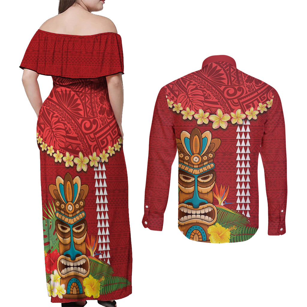 Hawaii Plumeria Lei Couples Matching Off Shoulder Maxi Dress and Long Sleeve Button Shirt Tiki and Kakau Pattern Red Color LT03 - Polynesian Pride