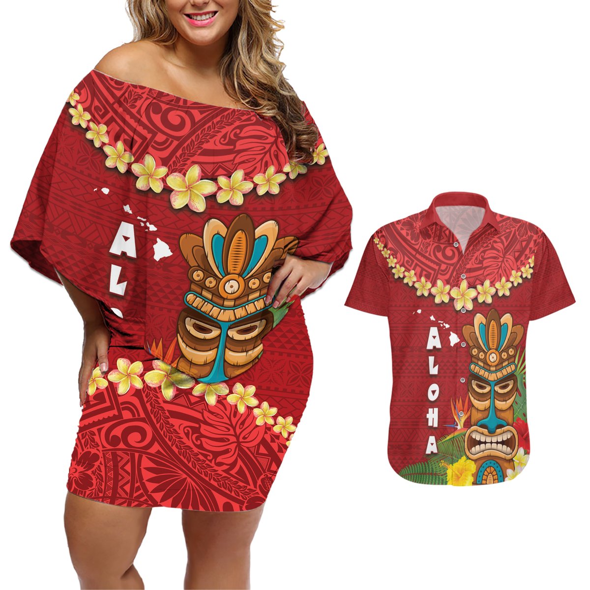 Hawaii Plumeria Lei Couples Matching Off Shoulder Short Dress and Hawaiian Shirt Tiki and Kakau Pattern Red Color LT03 Red - Polynesian Pride