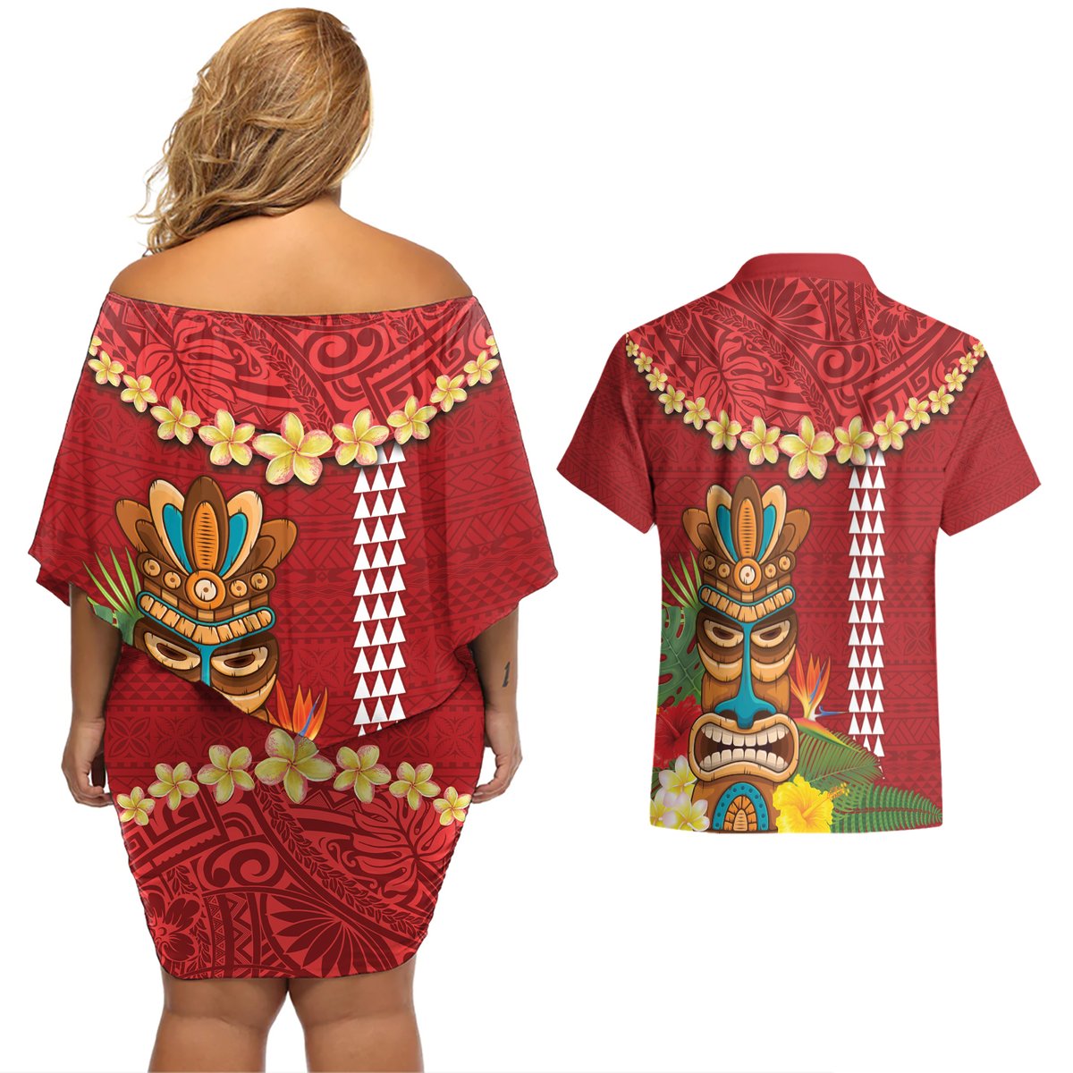 Hawaii Plumeria Lei Couples Matching Off Shoulder Short Dress and Hawaiian Shirt Tiki and Kakau Pattern Red Color LT03 - Polynesian Pride