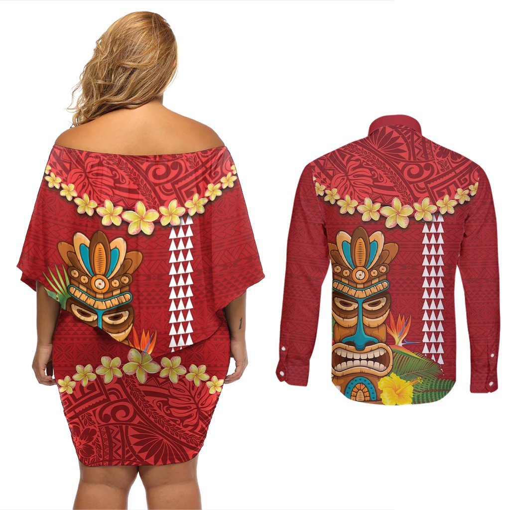 Hawaii Plumeria Lei Couples Matching Off Shoulder Short Dress and Long Sleeve Button Shirt Tiki and Kakau Pattern Red Color LT03 - Polynesian Pride