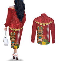 Hawaii Plumeria Lei Couples Matching Off The Shoulder Long Sleeve Dress and Long Sleeve Button Shirt Tiki and Kakau Pattern Red Color LT03 - Polynesian Pride