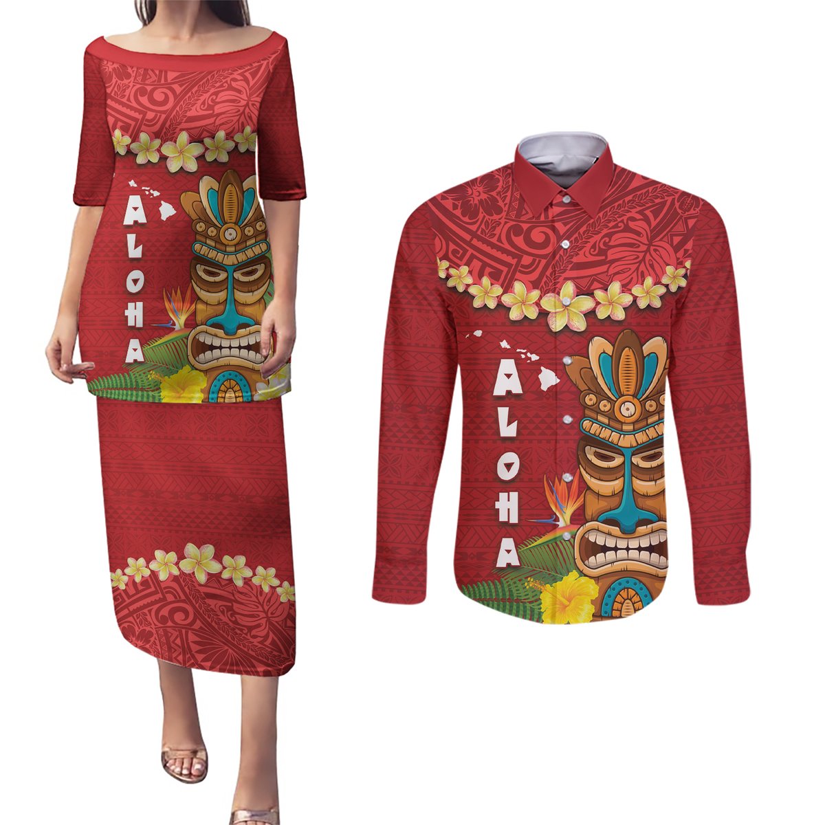 Hawaii Plumeria Lei Couples Matching Puletasi and Long Sleeve Button Shirt Tiki and Kakau Pattern Red Color LT03 Red - Polynesian Pride