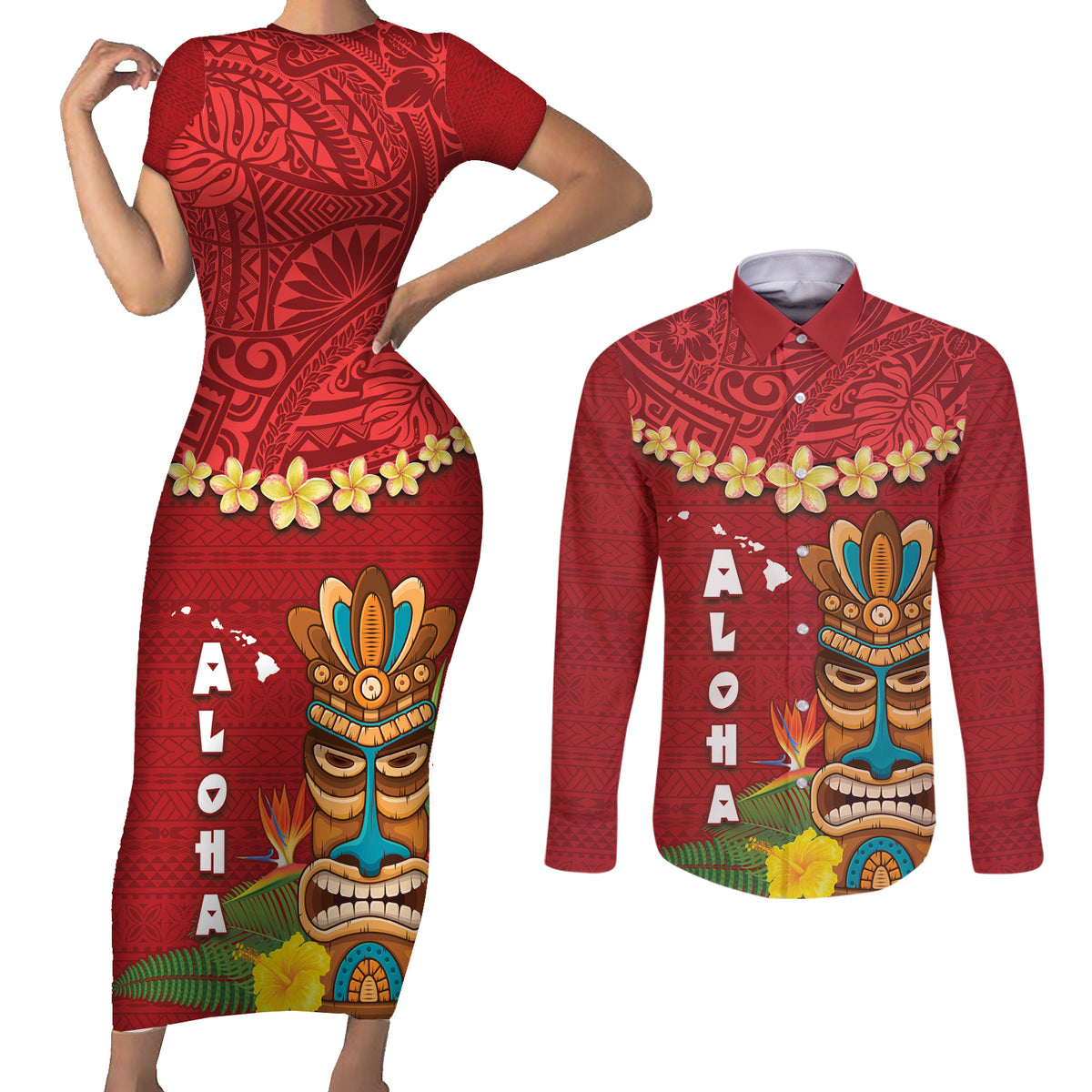Hawaii Plumeria Lei Couples Matching Short Sleeve Bodycon Dress and Long Sleeve Button Shirt Tiki and Kakau Pattern Red Color LT03 Red - Polynesian Pride