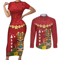 Hawaii Plumeria Lei Couples Matching Short Sleeve Bodycon Dress and Long Sleeve Button Shirt Tiki and Kakau Pattern Red Color LT03 Red - Polynesian Pride