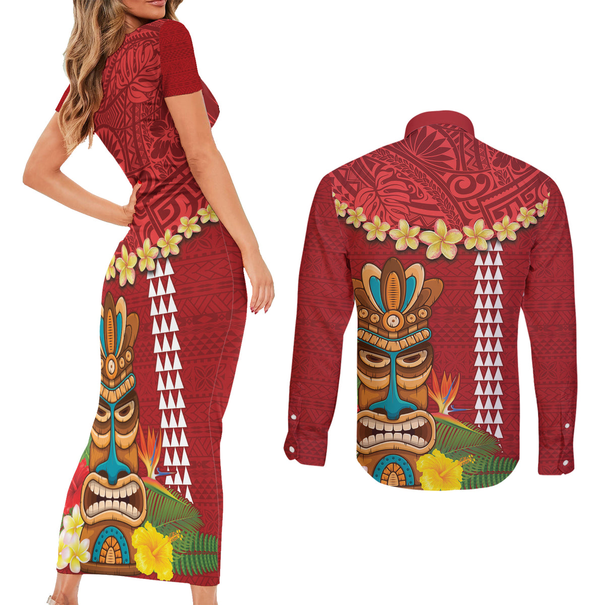 Hawaii Plumeria Lei Couples Matching Short Sleeve Bodycon Dress and Long Sleeve Button Shirt Tiki and Kakau Pattern Red Color LT03 - Polynesian Pride
