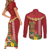 Hawaii Plumeria Lei Couples Matching Short Sleeve Bodycon Dress and Long Sleeve Button Shirt Tiki and Kakau Pattern Red Color LT03 - Polynesian Pride