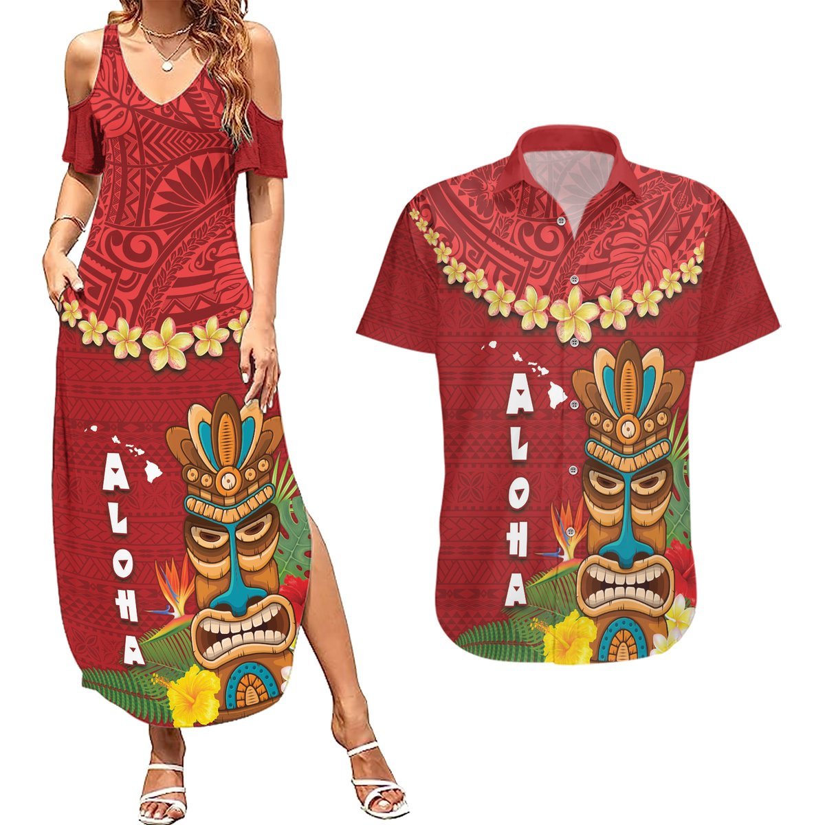 Hawaii Plumeria Lei Couples Matching Summer Maxi Dress and Hawaiian Shirt Tiki and Kakau Pattern Red Color LT03 Red - Polynesian Pride