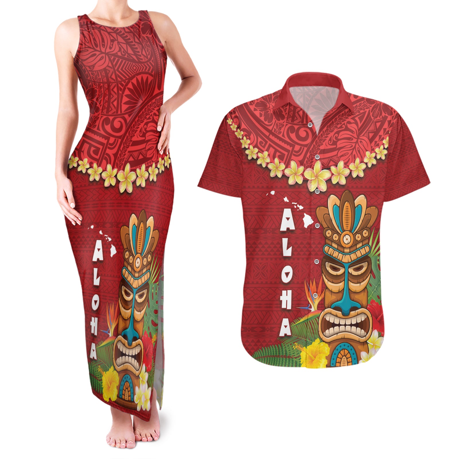 Hawaii Plumeria Lei Couples Matching Tank Maxi Dress and Hawaiian Shirt Tiki and Kakau Pattern Red Color LT03 Red - Polynesian Pride