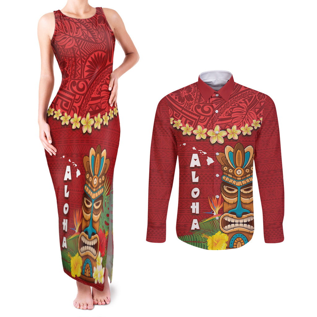 Hawaii Plumeria Lei Couples Matching Tank Maxi Dress and Long Sleeve Button Shirt Tiki and Kakau Pattern Red Color LT03 Red - Polynesian Pride