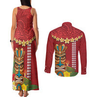 Hawaii Plumeria Lei Couples Matching Tank Maxi Dress and Long Sleeve Button Shirt Tiki and Kakau Pattern Red Color LT03 - Polynesian Pride