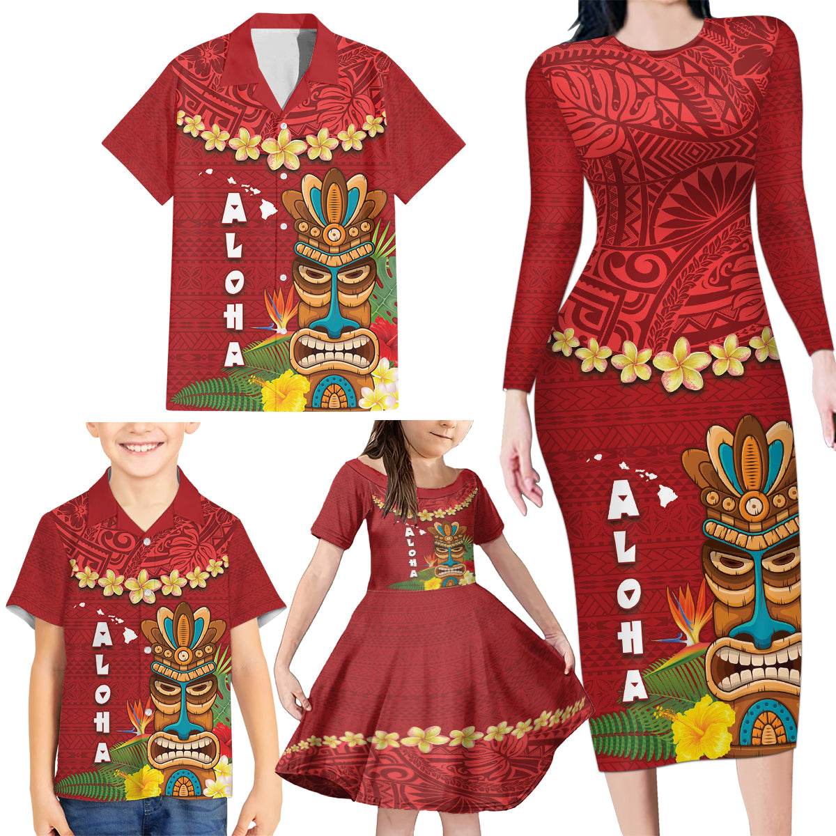 Hawaii Plumeria Lei Family Matching Long Sleeve Bodycon Dress and Hawaiian Shirt Tiki and Kakau Pattern Red Color