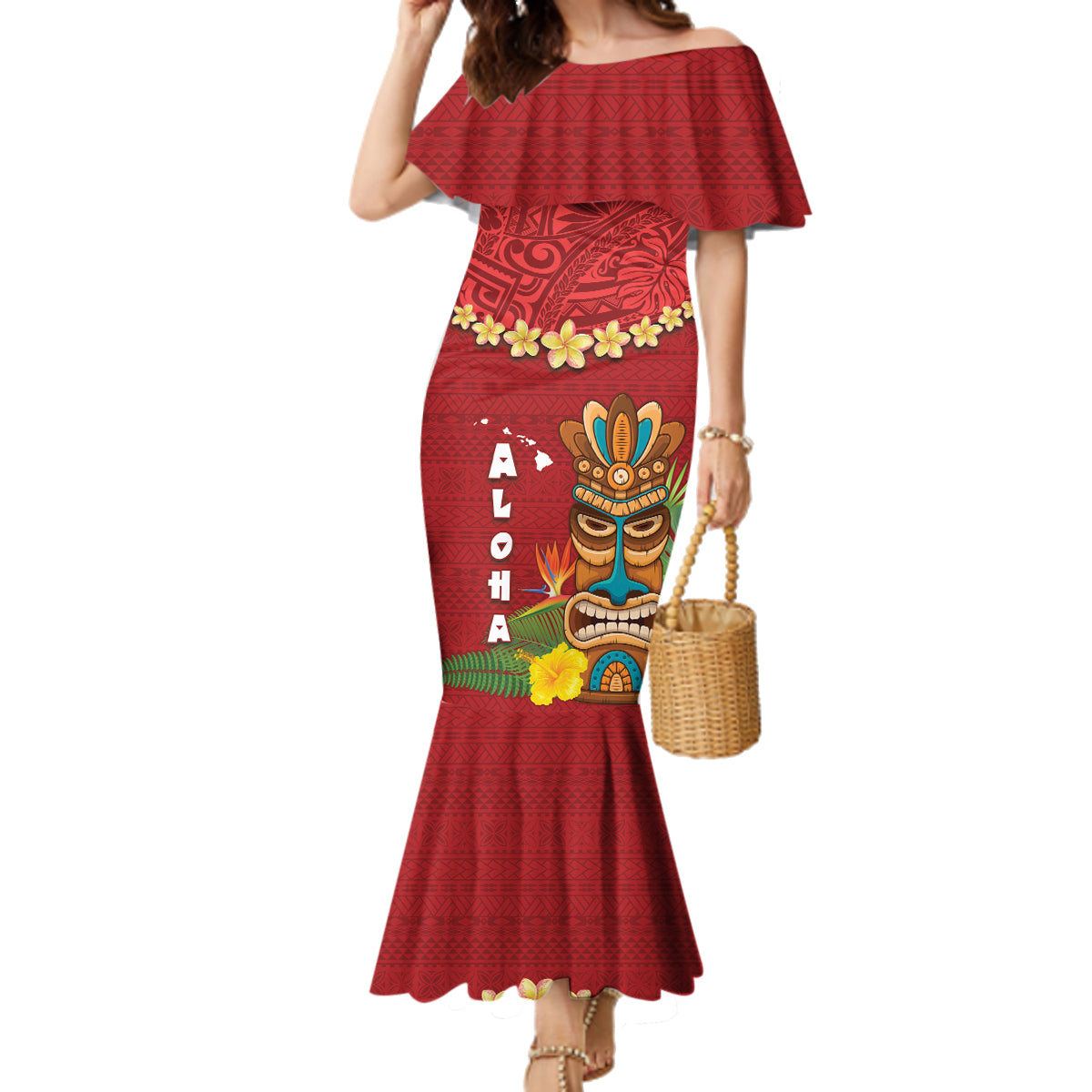 Hawaii Plumeria Lei Family Matching Mermaid Dress and Hawaiian Shirt Tiki and Kakau Pattern Red Color