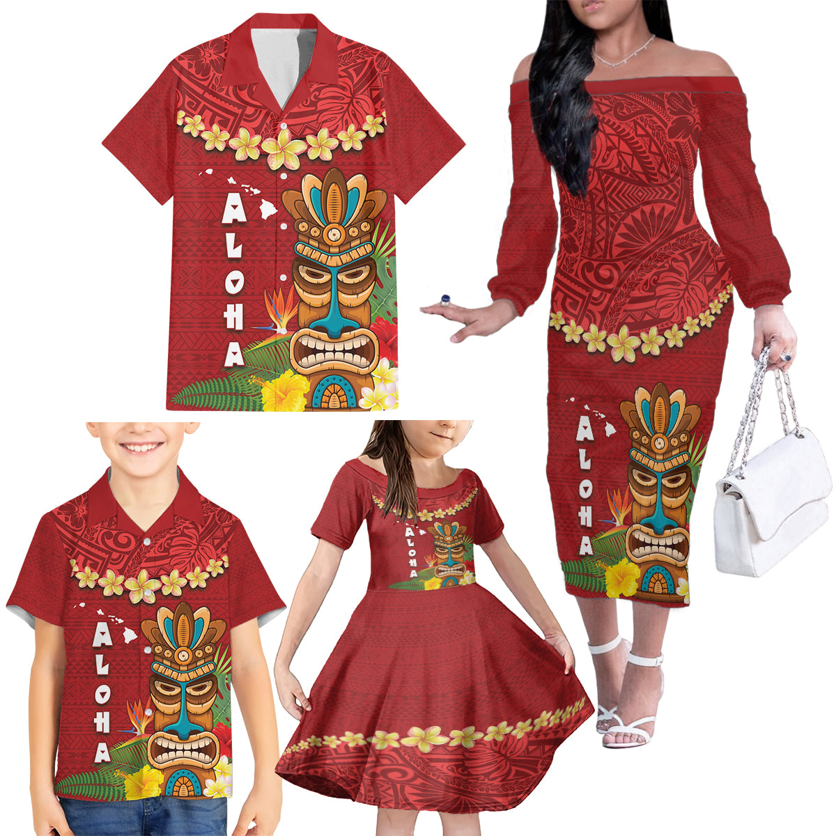 Hawaii Plumeria Lei Family Matching Off The Shoulder Long Sleeve Dress and Hawaiian Shirt Tiki and Kakau Pattern Red Color LT03 - Polynesian Pride