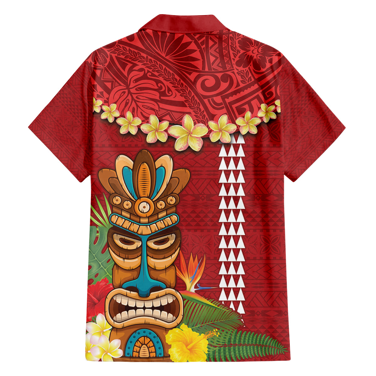 Hawaii Plumeria Lei Family Matching Off Shoulder Maxi Dress and Hawaiian Shirt Tiki and Kakau Pattern Red Color
