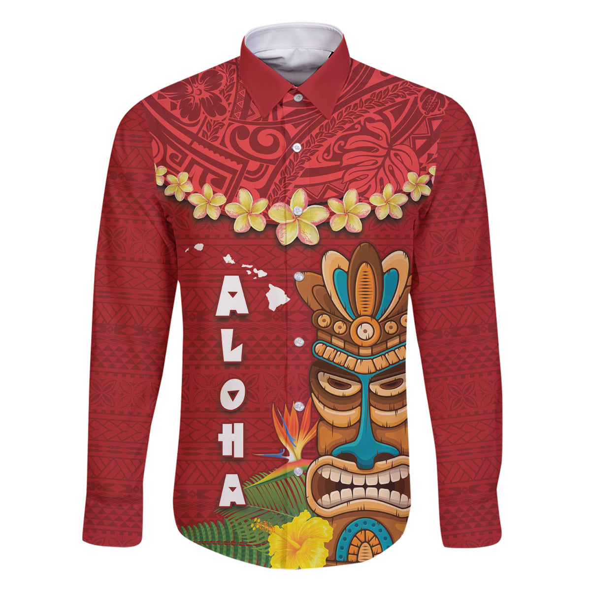 Hawaii Plumeria Lei Family Matching Off Shoulder Maxi Dress and Hawaiian Shirt Tiki and Kakau Pattern Red Color