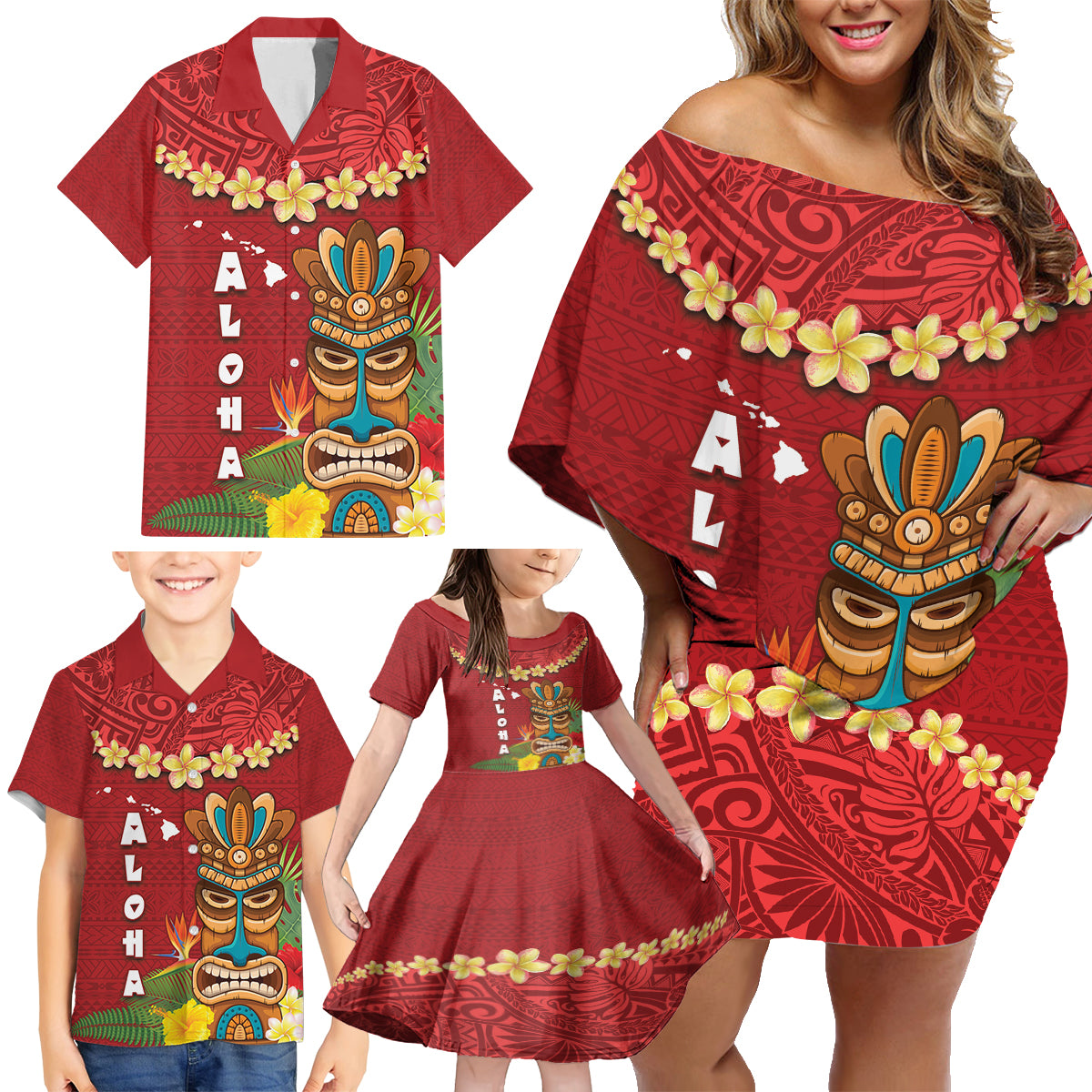 Hawaii Plumeria Lei Family Matching Off Shoulder Short Dress and Hawaiian Shirt Tiki and Kakau Pattern Red Color