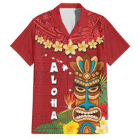 Hawaii Plumeria Lei Family Matching Off Shoulder Short Dress and Hawaiian Shirt Tiki and Kakau Pattern Red Color LT03 Dad's Shirt - Short Sleeve Red - Polynesian Pride
