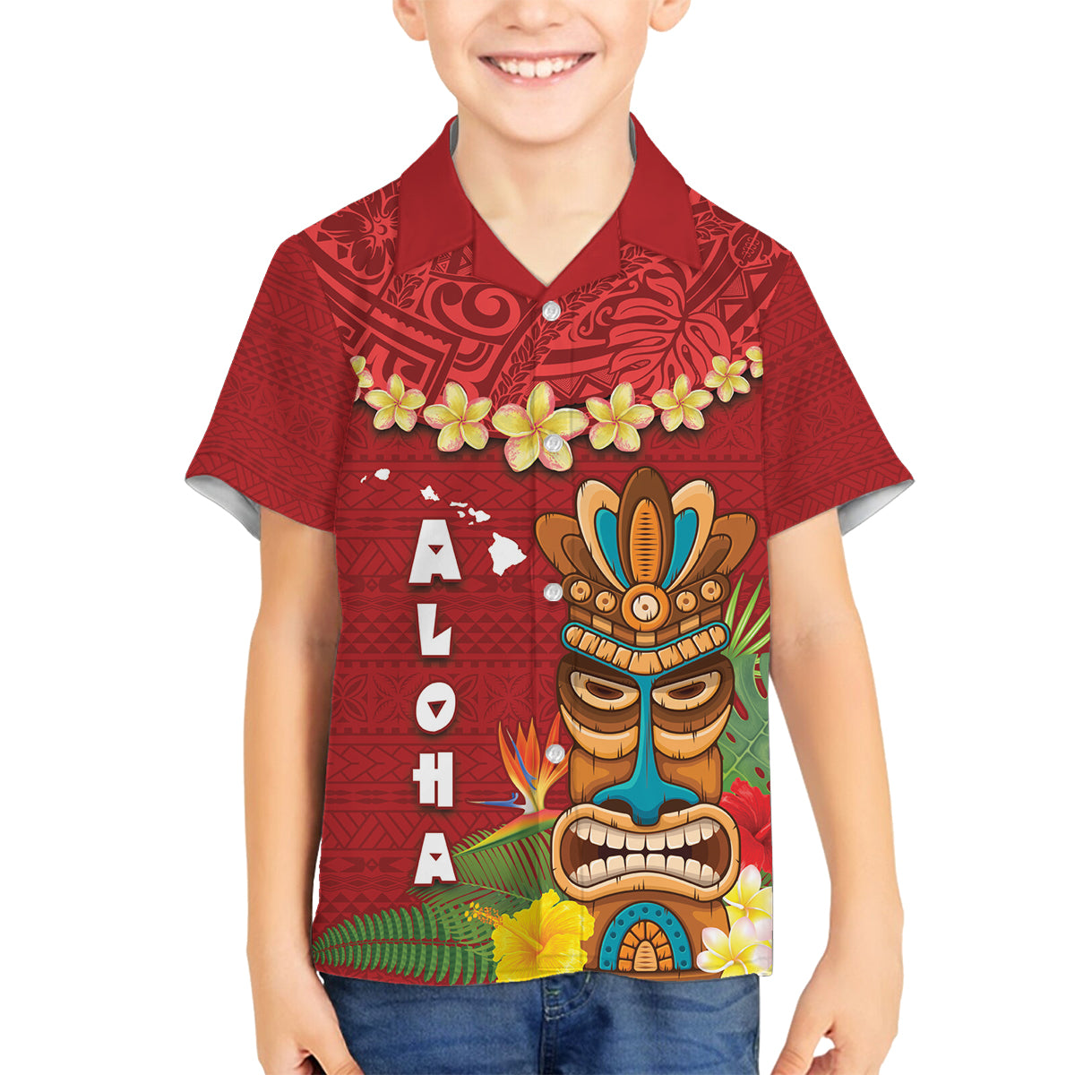 Hawaii Plumeria Lei Family Matching Off Shoulder Short Dress and Hawaiian Shirt Tiki and Kakau Pattern Red Color LT03 Son's Shirt Red - Polynesian Pride