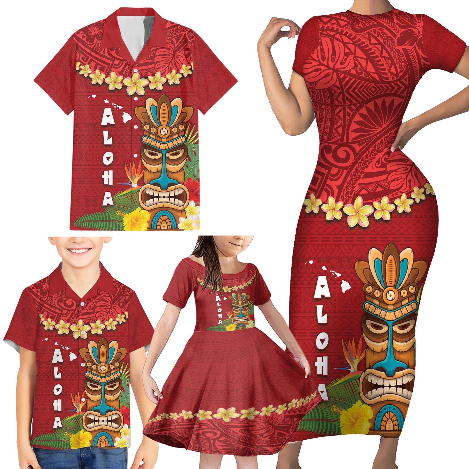 Hawaii Plumeria Lei Family Matching Short Sleeve Bodycon Dress and Hawaiian Shirt Tiki and Kakau Pattern Red Color LT03 - Polynesian Pride