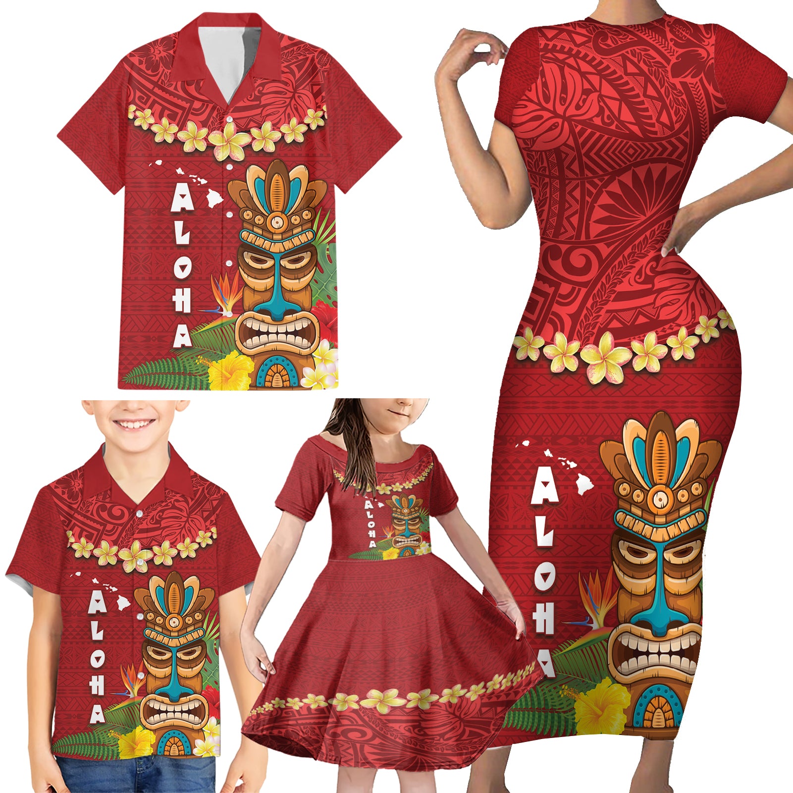 Hawaii Plumeria Lei Family Matching Short Sleeve Bodycon Dress and Hawaiian Shirt Tiki and Kakau Pattern Red Color