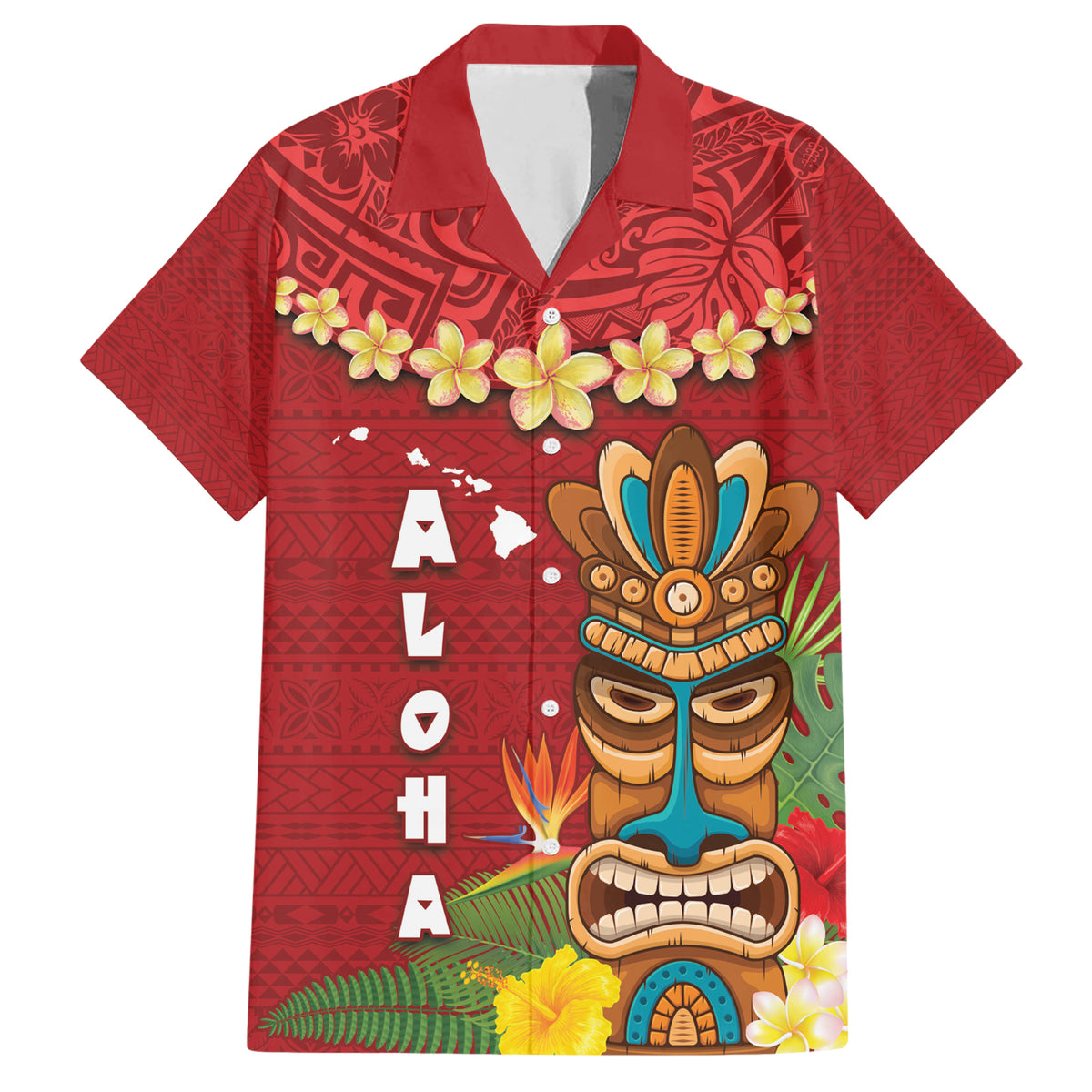 Hawaii Plumeria Lei Family Matching Short Sleeve Bodycon Dress and Hawaiian Shirt Tiki and Kakau Pattern Red Color LT03 Dad's Shirt - Short Sleeve Red - Polynesian Pride