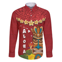 Hawaii Plumeria Lei Family Matching Short Sleeve Bodycon Dress and Hawaiian Shirt Tiki and Kakau Pattern Red Color LT03 Dad's Shirt - Long Sleeve Red - Polynesian Pride