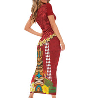 Hawaii Plumeria Lei Family Matching Short Sleeve Bodycon Dress and Hawaiian Shirt Tiki and Kakau Pattern Red Color LT03 - Polynesian Pride